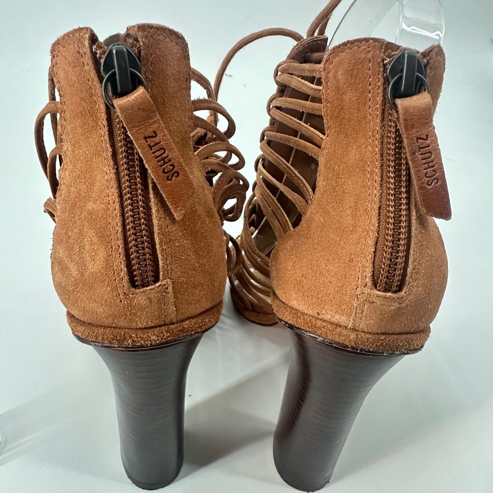 Schutz Brady Suede Leather Cage Lace Up Stacked High Heel Sandals Saddle 9B - Picture 2 of 10